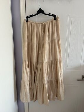 aerie Beige Tiered Maxi Skirt with Drawstring Waist